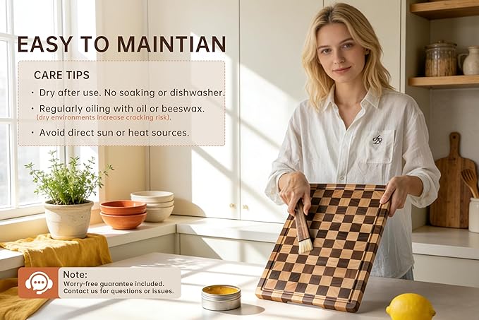 Checkered Cutting Boards for Kitchen, Wooden Chopping Board with Juice Grooves & Handles, Acacia Decorative Cutting Board Butcher Block Serving Tray with Gift Box, 16.5" x 11.6" x 0.8" - Image 6
