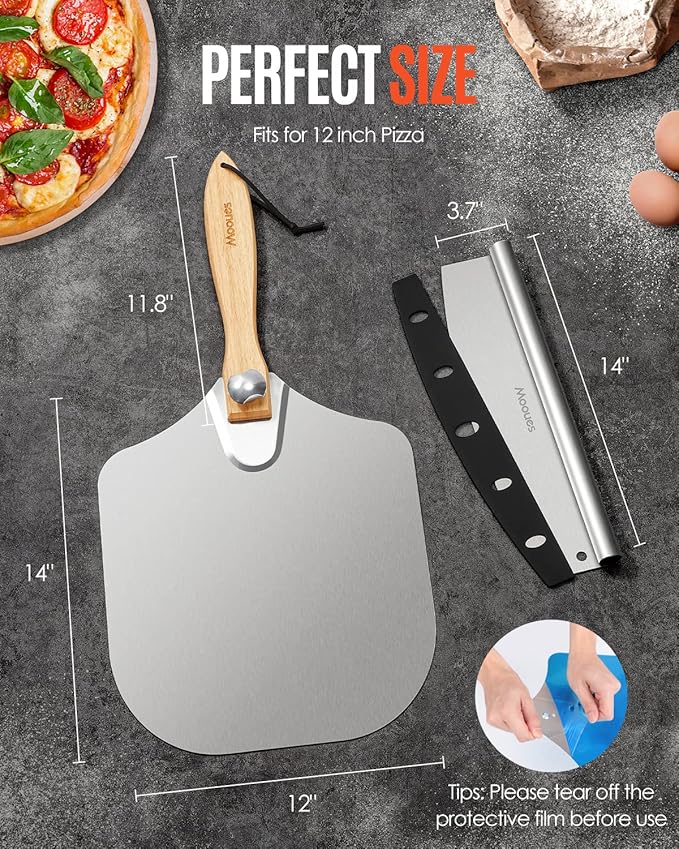 Pizza Peel Aluminum Pizza Spatula, Mooues 12 inch Metal Pizza Paddle(12"x 14")with Rocker Cutter Foldable Wood Handle, [Storage bag included], for Family Pizza Oven Baking Pizza, Dough, Bread & Pastry - Image 7