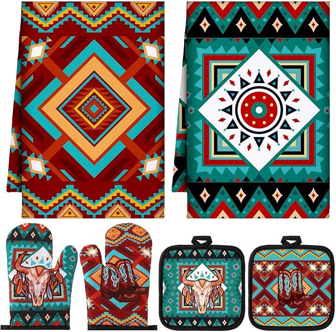 Jingmore 6 Pcs Kitchen Decor Set Accessorie Farmhouse Kitchen Towels Pot Holders Oven Mitts Set 2 Dish Towels 2 Pot Holders 2 Cooking Mittens Oven Glove for Cooking(Retro Color,Western Boho Aztec) by Jingmore