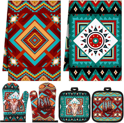 Jingmore 6 Pcs Kitchen Decor Set Accessorie Farmhouse Kitchen Towels Pot Holders Oven Mitts Set 2 Dish Towels 2 Pot Holders 2 Cooking Mittens Oven Glove for Cooking(Retro Color,Western Boho Aztec) by Jingmore