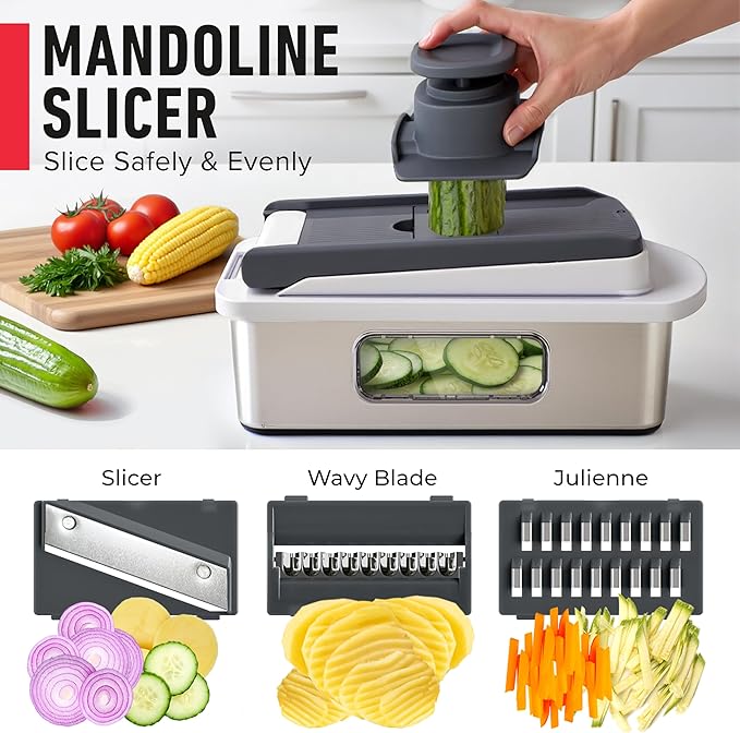 Mueller Pro-Series 10-in-1, 8 Blade Stainless Steel Multi Vegetable Chopper And Mandoline Slicer, Kitchen Accessories and Essentials, Food and Veggie Chopper, Mincer, Dicer, White Sand/Grey - Image 6
