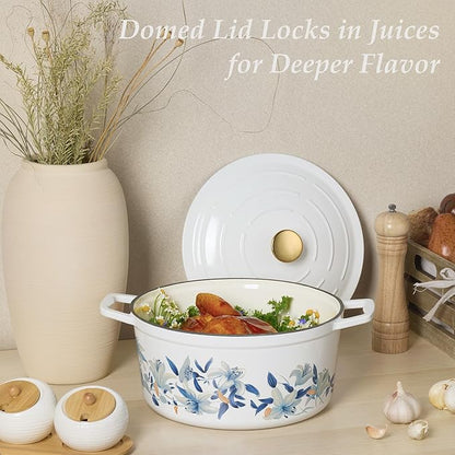 CAROTE 7QT Cast Iron Dutch Oven Pot with Lid, Enameled Floral Dutch Ovens with Cotton Potholders & Oven Gloves, Versatile Heavy-Duty Cookware for Sourdough Bread Baking, Braising, Stews, All Stovetop Compatible, Oven Safe up to 500° F, White & Blue - Image 5