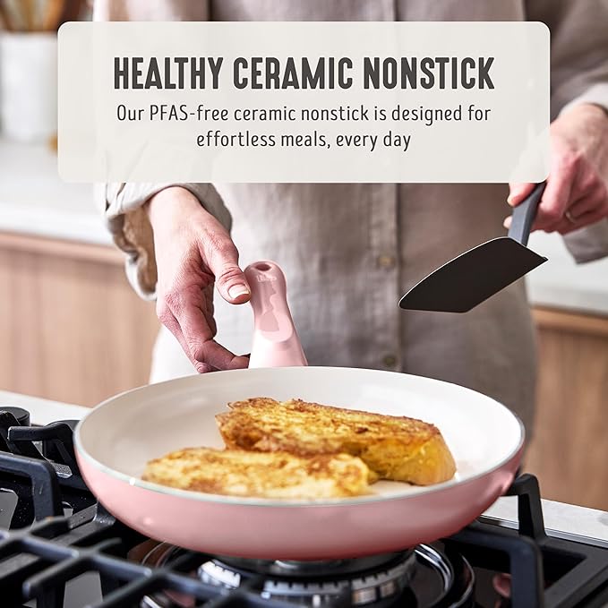 GreenLife 2-Piece Nonstick Frying Pan Set, 8” & 10” Skillets, Non-Toxic Ceramic Cookware, Dishwasher Safe, Stay-Cool Handles, Induction Ready, Fast Heating, Omelet Pan, PFAS Free, Blush Pink