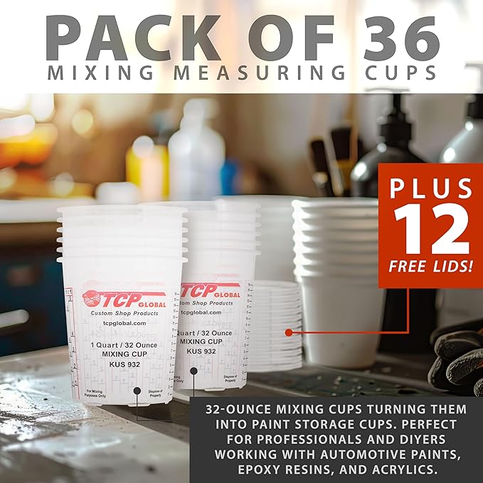 Custom Shop Paint Mixing Cups, 32-Ounce (36 Pack) - Plastic Measuring Cups for Liquids, Automotive Painting, Epoxy Resin, Acrylic Arts, Crafts, Disposable or Reusable, Graduated, Mixing Ratios - Image 5
