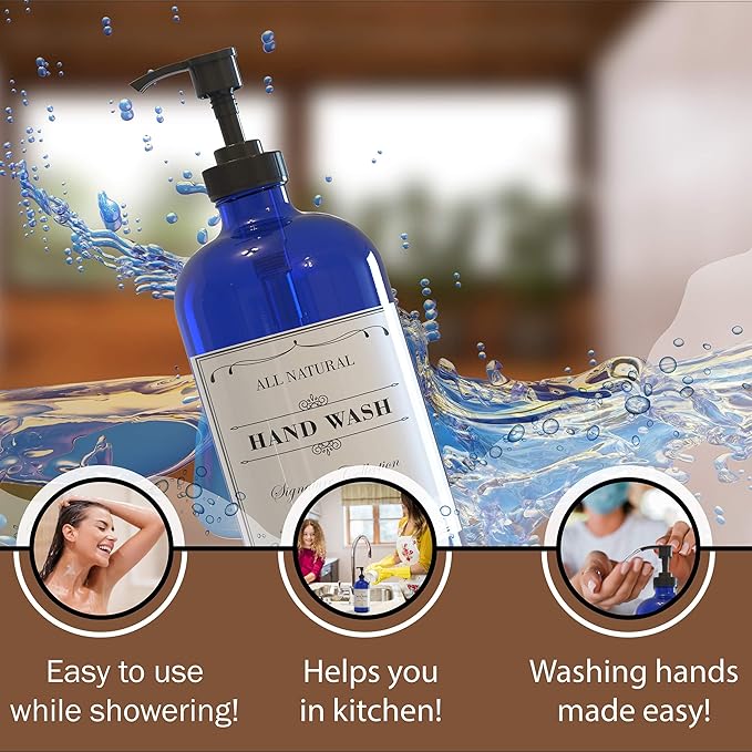 Sunrise Premium 16 OZ Cobalt Blue Glass Soap Dispenser with Pump 2 Pack, Hand and Dish Soap Dispenser Set for Bathroom and Kitchen Sink with 6 Waterproof Labels - Image 3