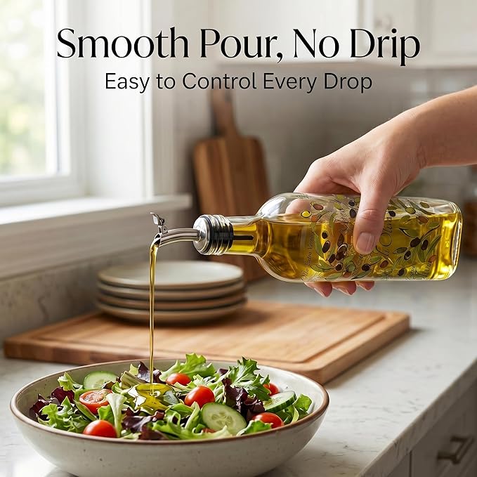 Topadorn 17 oz Olive Oil Dispenser Bottle Set for Kitchen, 2 Pcs Glass Oil Dispenser Bottle with Stainless Steel Pourers, 2 Packs of Napkins, Fruit