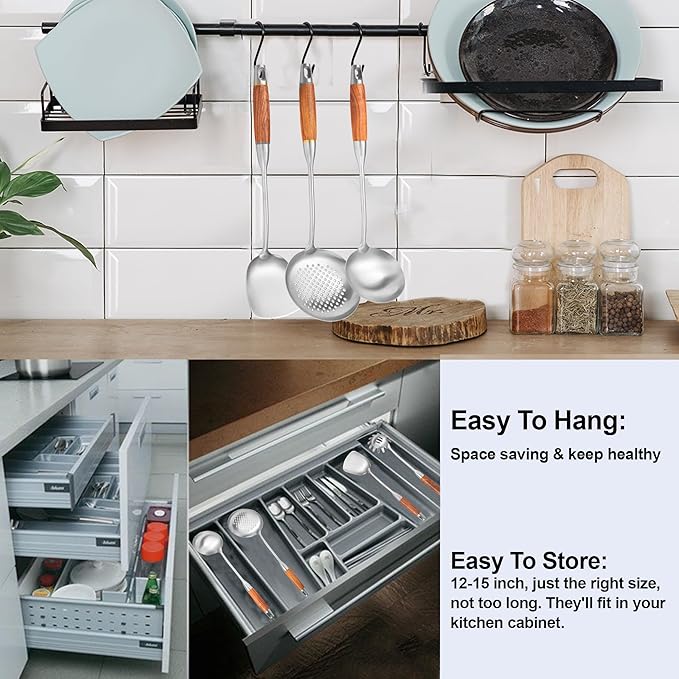 Stainless Steel Kitchen Utensils Set with Wooden Handle for Cooking 9 PCS with Solid and Slotted Spoon, Fork, Spatula, Ladle, Skimmer, Slotted Tunner, Spaghetti and Large Spoon - Image 6