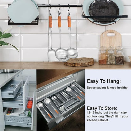 Stainless Steel Kitchen Utensils Set with Wooden Handle for Cooking 9 PCS with Solid and Slotted Spoon, Fork, Spatula, Ladle, Skimmer, Slotted Tunner, Spaghetti and Large Spoon - Image 6