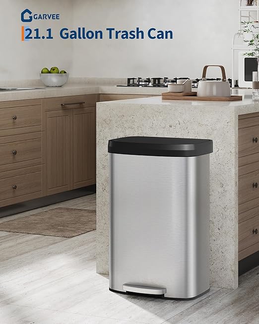 Garvee 21 gal / 80 L Stainless Steel Trash Can with Lid, Large Garbage Can for Kitchen, Rustproof Step-on Kitchen Metal Trash Bin with Liner Rim, Rear Handle, Soft Close Plastic Lid, Silver - Image 2