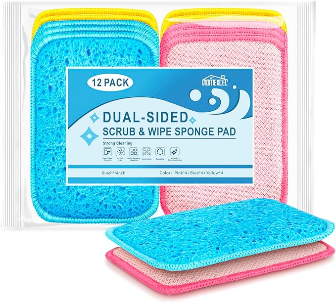 12 Pack Scrub & Wipe Cloths, Dual-Sided Sponges for Kitchen, All-Purpose Cloth for Dishes, Pots, Pans, Non-Stick Cookware, Countertops (Red, Yellow, Blue) by HOMEXCEL