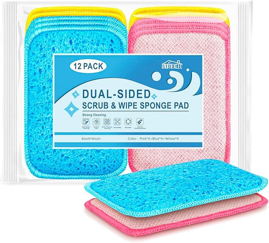 12 Pack Scrub & Wipe Cloths, Dual-Sided Sponges for Kitchen, All-Purpose Cloth for Dishes, Pots, Pans, Non-Stick Cookware, Countertops (Red, Yellow, Blue) by HOMEXCEL