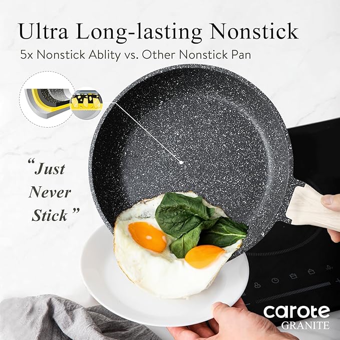 CAROTE Non Stick Frying Pan Skillet, Omelet Pan, Healthy Non Toxic Granite Chef Pan, Induction Compatible Egg Frying Pan with Heat-Resistant Handle, PFOA-Free,Black, 10" - Image 3