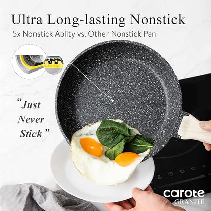 CAROTE Non Stick Frying Pan Skillet, Omelet Pan, Healthy Non Toxic Granite Chef Pan, Induction Compatible Egg Frying Pan with Heat-Resistant Handle, PFOA-Free,Black, 10" - Image 3