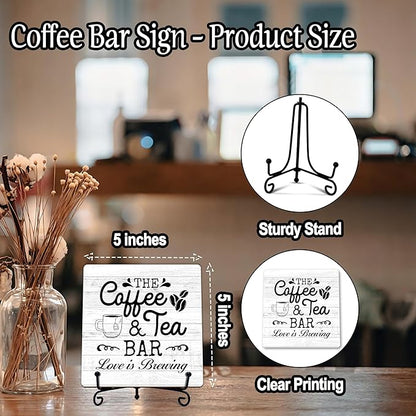 Coffee Bar Sign, Love is Brewing Farmhouse Tabletop Decor, Coffee and Tea Lover Gifts, 5x5 Wood Plaque with Iron Stand for Home Kitchen Cafe, Coffee Bar Decor – L09 - Image 2