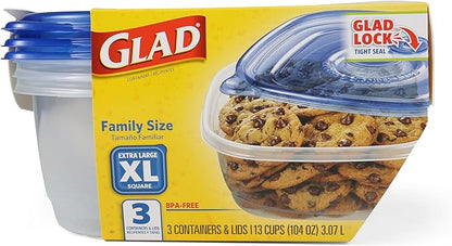 Glad GladWare XL Square Food Storage Containers with Lock Tight Lids, BPA-Free Family Size Plastic Containers for Leftovers, Meal Prep, and Freezer Storage, Dishwasher Safe, 104 Oz, 3 Count - 3 Pack - Image 2
