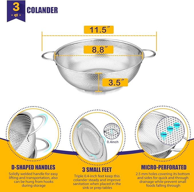 E-far Stainless Steel Colander, 3-Quart Micro-Perforated Metal Colander Strainer with Handle for Kitchen/Draining Pasta/Rinsing Vegetables Fruits, Heavy Duty & Dishwasher Safe - 8.8 Inches - Image 2