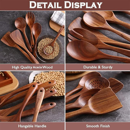 6Pcs Wooden Utensil Set, Natural Acacia Wooden Spoons for Cooking, Non-Stick, Smooth Finish, Easy to Clean, Comfort Grip, Kitchen Wooden Cooking Utensils Set