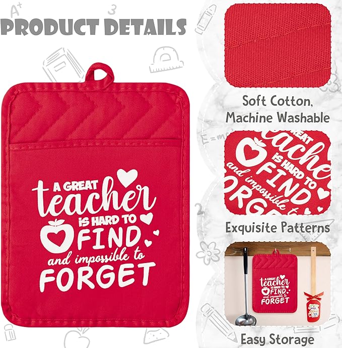 R HORSE Teacher Appreciation Gifts - 4 Pack Red Funny Pot Holder Set, Heat Resistant Oven Mitt with Silicone Spatula & Greeting Card, Unique Gift for Teacher Appreciation Week Thank You Present
