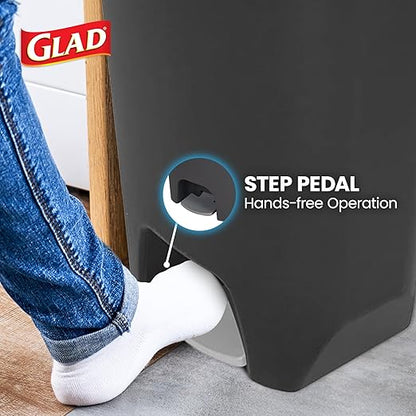 Glad 13 Gallon Trash Can 2 Pack | Plastic Kitchen Waste Bins with Odor Protection of Lid | Hands Free with Step On Foot Pedal and Garbage Bag Rings, 13 Gallon, Charcoal