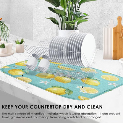 Sanwarm Absorbent Dish Drying Mat, Watercolor Lemons Yellow Fruit Lime Microfiber Pad for Kitchen Counter, Coffee Bar Decor, Heat Resistant and Reversible, 16" x 18"
