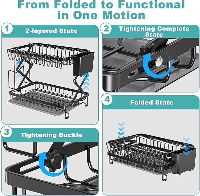 2-Tier Dish Racks for Kitchen Counter, Stainless Steel Kitchen Dish Drying Rack Large Dish Drainers for Kitchens Counter, Space Saving Dishes Strainer for Bowl, Plate, Cup - Modern Counter Organizer - Image 4