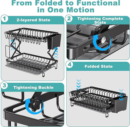 2-Tier Dish Racks for Kitchen Counter, Stainless Steel Kitchen Dish Drying Rack Large Dish Drainers for Kitchens Counter, Space Saving Dishes Strainer for Bowl, Plate, Cup - Modern Counter Organizer - Image 4