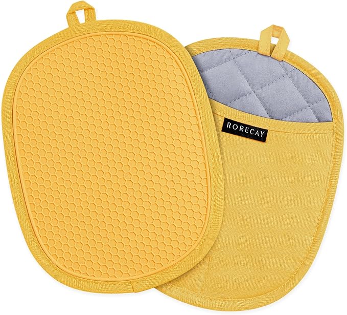 2-Pack Silicone Pot Holders for Kitchen Heat Resistant up to 500°F, Non-Slip Large Hot Pads with Pocket, Quilted Liner Trivets for Countertops Hot Pots and Pans (Yellow) by Rorecay