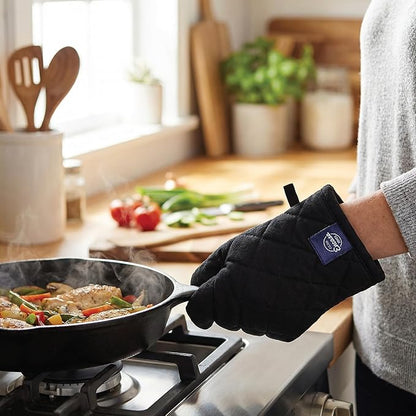 Encasa XO Heat Resistant 100% Cotton Oven Glove & Potholder Set with Loop, Kitchen Cooking Mittens, Microwave Safe Hot Pads (Full Black)