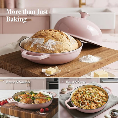 4.5 QT Dutch Oven for Bread Baking, Cast Iron Bread Oven for Sourdough, Enamelled Bread Dutch Oven with Lid, Heavy-Duty Non Stick Bread Pot, Pink