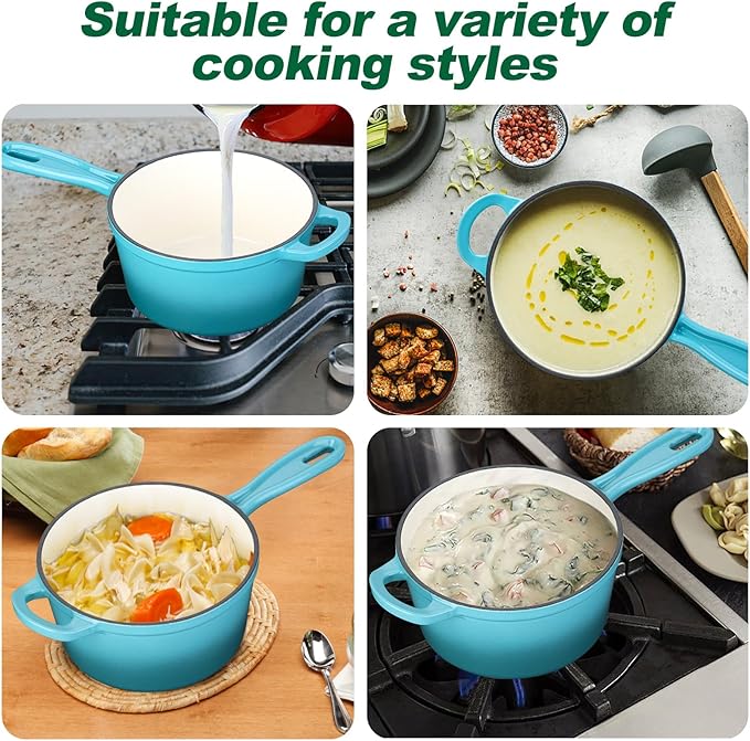 HaSteeL 2 QT Cast Iron Saucepan, Mini Enamel dutch oven with lid, Small Non Stick Pan for Milk, Pasta Tomato Sauce, Butter, Breakfast, Soup, Suitable for Boiling Stewing Frying, Easy to Clean, Green