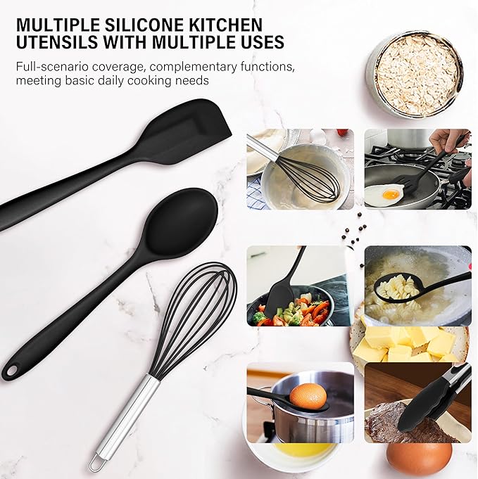 HaWare 11 PCS Silicone Cooking Utensils Set, Heat Resistant Kitchen Utensils with Holder, Food-grade Spatula Sets for Nonstick Cookware, Kitchen Tools Gadgets Include Fish Turner, Spoon (Black) - Image 5