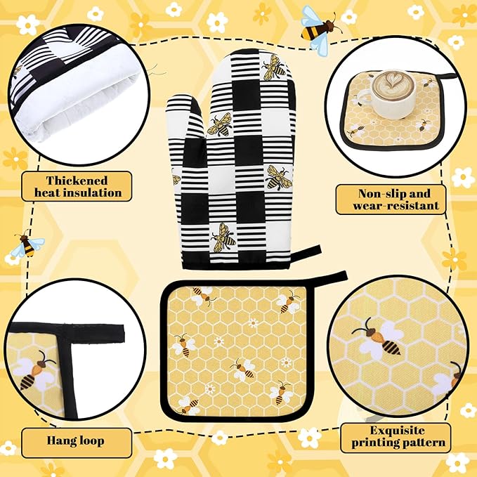 Fourluoo 10 Pcs Bee Kitchen Decor Set Honey Bee Dish Towels Rugs Oven Mitts and Pot Holders Set Farmhouse Kitchen Decor for Women Mom Gift Cooking Baking Grilling