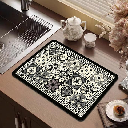 Boho Dish Drying Mat for Kitchen Counter - Super Absorbent Faux Leather Kitchen Mat, Quick Dry & Non-Slip Countertop Protector, Aesthetic Bohemian Decor for Coffee Bar (12"x19", Black)