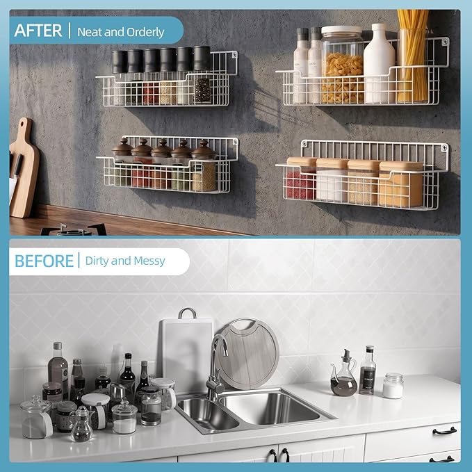 Spice Rack Wall Mount 4 Pack, Metal Wall Mounted Spice Rack Organizer for Cabinet Door & Pantry, Space-Saving Kitchen Spice Rack Shelf, White - Image 5