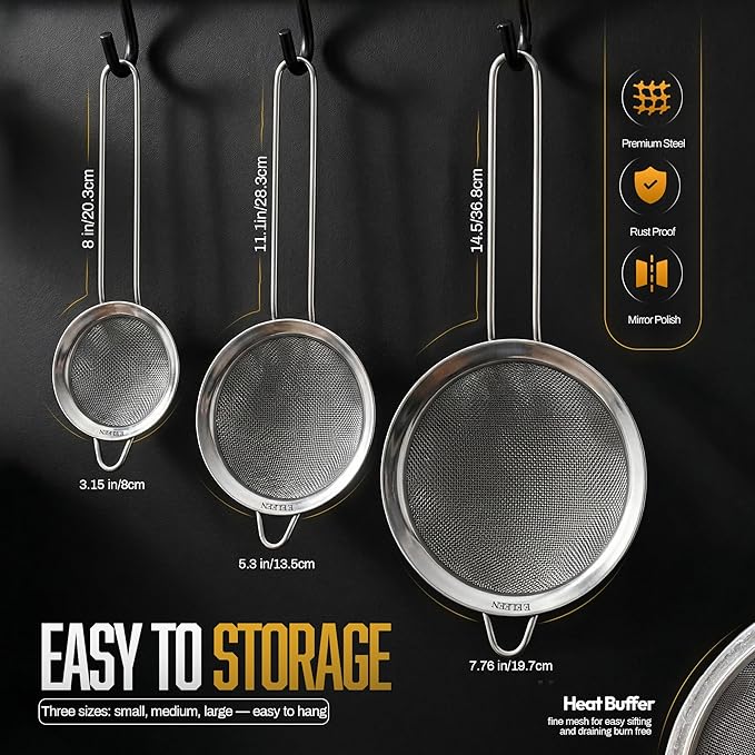 ELEEN Premium Stainless Steel Fine Mesh Strainers for Kitchen 3-Piece Set with Non-Slip Handle, Small, Medium & Large Sieves, Colanders and Sifter for Sifting, Straining, Pastas Tea, Rice Vegetables - Image 8