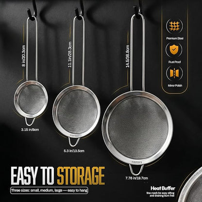 ELEEN Premium Stainless Steel Fine Mesh Strainers for Kitchen 3-Piece Set with Non-Slip Handle, Small, Medium & Large Sieves, Colanders and Sifter for Sifting, Straining, Pastas Tea, Rice Vegetables - Image 8