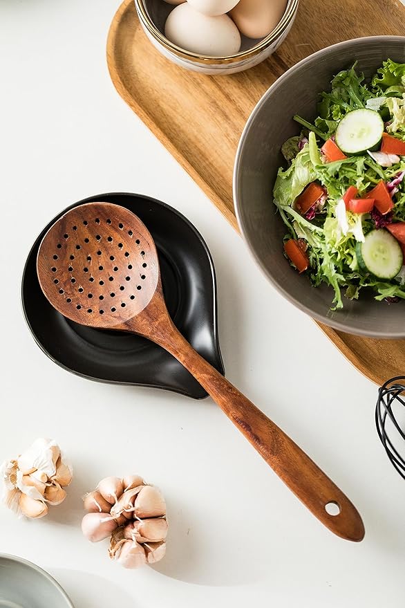 LAUCHUH Spoon Rest for Stove Top, 5 inch Large Cooking Spoon Holder for Kitchen Countertop Ceramic Ladle Holder for Spatula, Tong, Heat-Resistant, Farmhouse Kitchen Decor for Mother‘s Day, Black