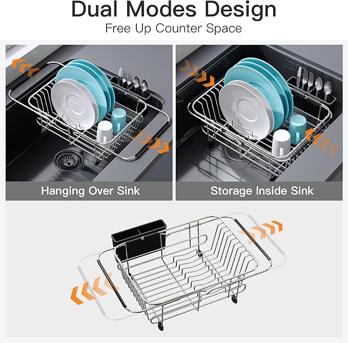 Apartment RV Small Dish Drainer Drying Rack Over The Sink In Stainless Steel for Narrow Kitchen, Counter Space Saving Compact Expandable Metal Plate Dryer Strainer, Modern Above Wire Drain Holder - Image 2