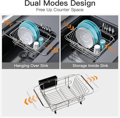 Apartment RV Small Dish Drainer Drying Rack Over The Sink In Stainless Steel for Narrow Kitchen, Counter Space Saving Compact Expandable Metal Plate Dryer Strainer, Modern Above Wire Drain Holder - Image 2