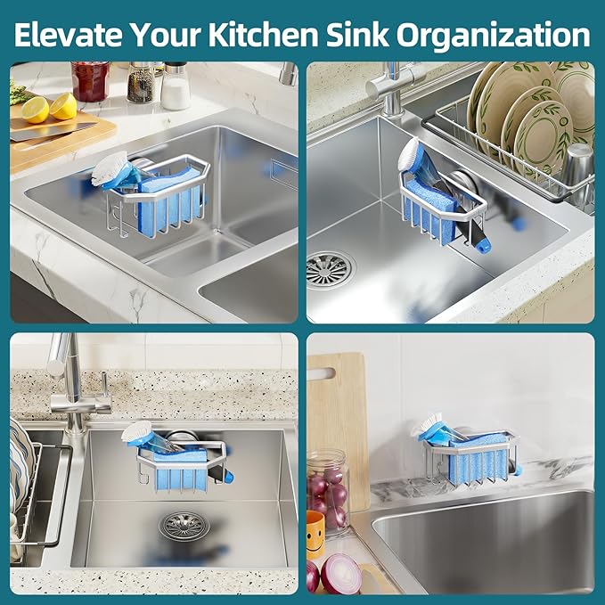 TAILI Sink Caddy with Strong Suction Cup, Sponge Holder for Kitchen Sink Organizer, Removable Sponge Caddy Inside Sink, Rustproof Aluminum Holder for Sponges, Brushes - Silver - Image 6