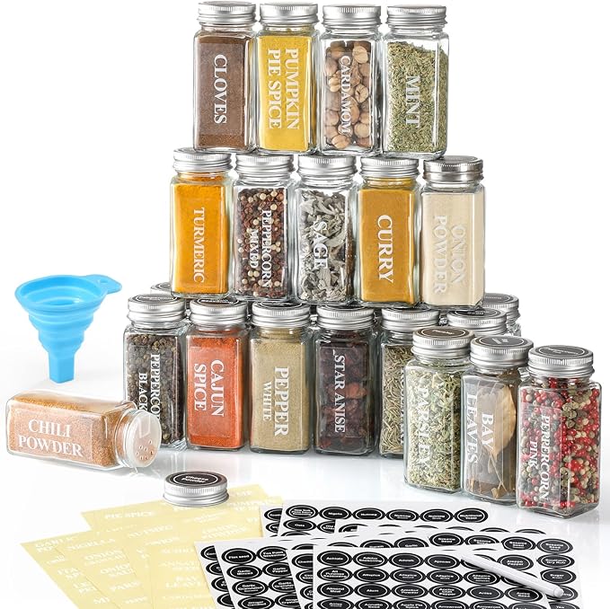 AOZITA 24 Pcs Glass Spice Jars with Labels - 4oz Empty Square Spice Bottles Containers, Condiment Pot, Shaker Lids and Airtight Metal Caps - Silicone Collapsible Funnel by AOZITA