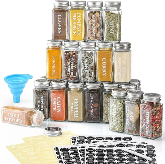 AOZITA 24 Pcs Glass Spice Jars with Labels - 4oz Empty Square Spice Bottles Containers, Condiment Pot, Shaker Lids and Airtight Metal Caps - Silicone Collapsible Funnel by AOZITA