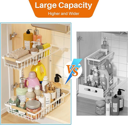 REALINN Under Sink Organizer, Height Adjustable 2 Tier Pull Out Cabinet Storage, L-Shaped Drawer Organizer for Kitchen Sink Organizer, Bathroom Organizers and Storage, Smooth Sliding Rails, White