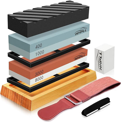 HMPLL Knife Sharpening Stone Set, Professional Whetstone 4 Side Grit 400/1000 3000/8000, Whetstone Knife Sharpener Stone Set Include Non-slip Base, Leather Strop, Flattening Stone & Angle Guide by LOKEME-USDirect