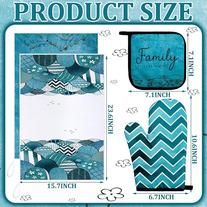 Bencailor 6 Pcs Boho Mountains Kitchen Towels Oven Mitts and Pot Holders Set Decorative Dish Towels Tea Washcloth Non Slip Heat Resistant Oven Gloves for Summer Home Cooking Baking, Turquoise - Image 3