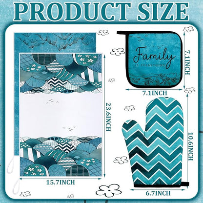 Bencailor 6 Pcs Boho Mountains Kitchen Towels Oven Mitts and Pot Holders Set Decorative Dish Towels Tea Washcloth Non Slip Heat Resistant Oven Gloves for Summer Home Cooking Baking, Turquoise - Image 3