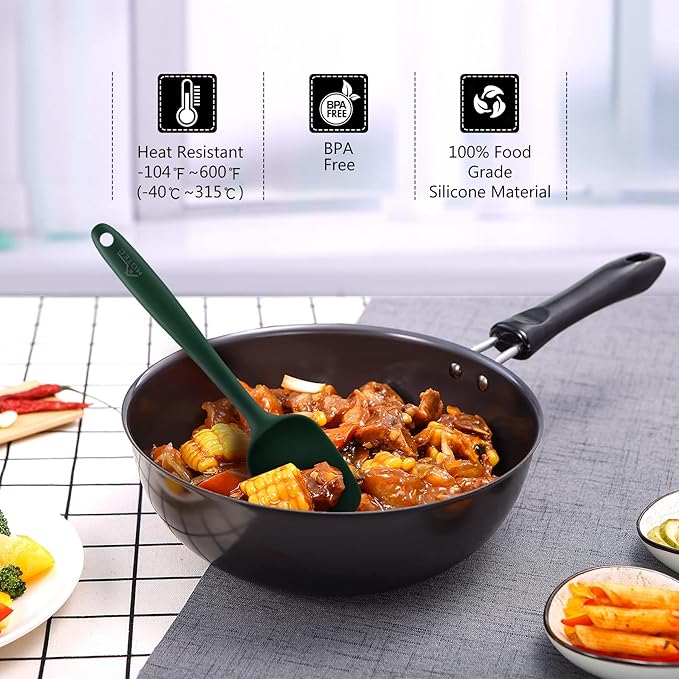 HOTEC 600℉ Heat Resistant BPA-Free Silicone Rubber Spatula Set,Kitchen Cooking Spatulas, Baking, Mixing for Non Stick Cookware, Dishwasher Safe, Dark Green Set of 5 - Image 5