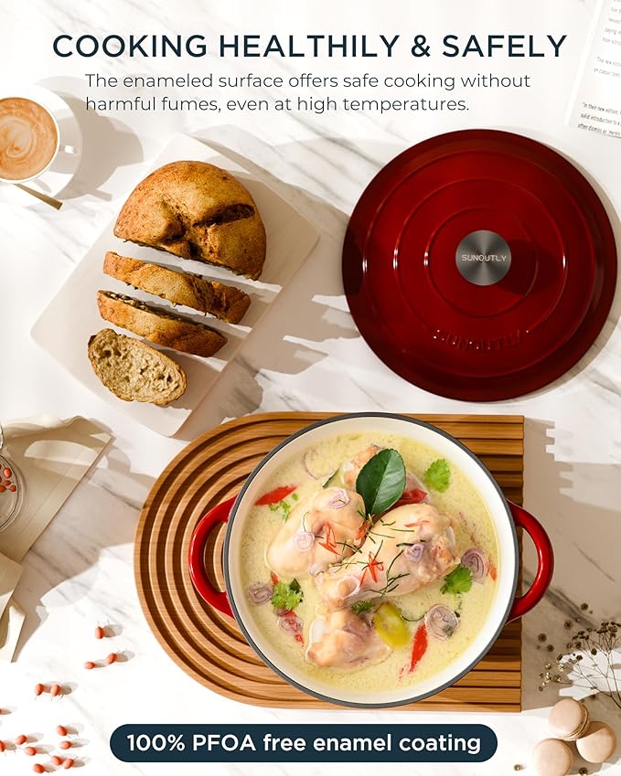 Enameled Cast Iron Dutch Oven - 6QT Pot with Lid & Cotton Potholders - Heavy-Duty Cookware for Braising, Stews, Roasting, Bread Baking, Oven Safe up to 500°F & Suitable for All Cooktops, Cherry Red - Image 2