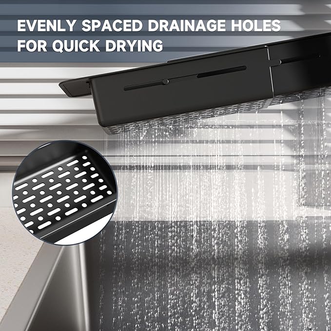 NiHome Extendable Over Sink Kitchen Organizer, Small Telescopic Brush Storage Rack for Sponge, Non-Slip Pads Expandable Sink Caddy, Adjustable Sponge/Brush Rack with Drainage Durable ABS (Black) - Image 8