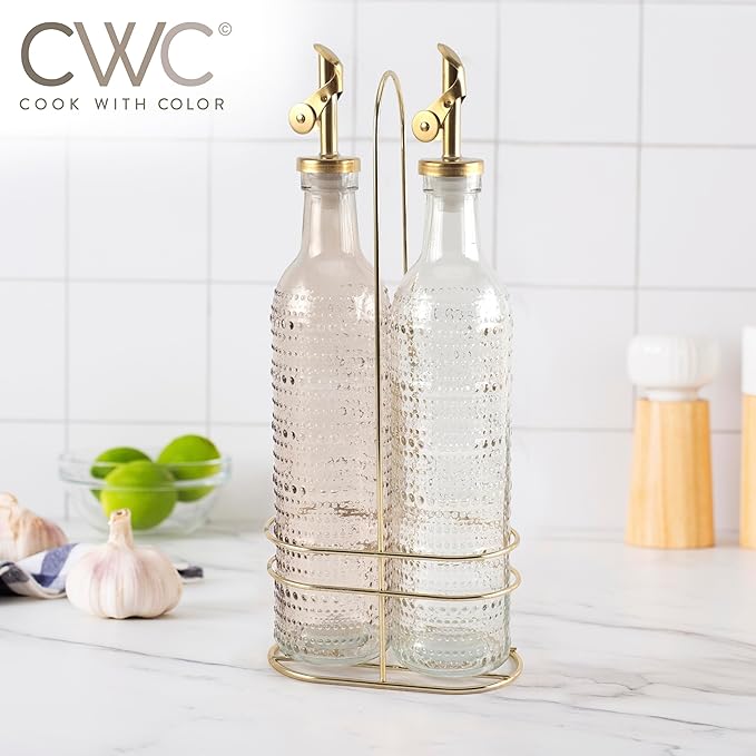 COOK WITH COLOR Glass Olive Oil Bottle Dispenser - 2 Pack- 17oz Oil and Vinegar Cruet - Olive Oil Carafe Decanter for Kitchen, Champagne Bubbles, Brown - Image 6